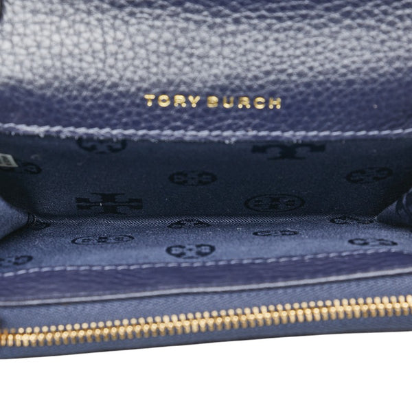 トリーバーチ マリオン 二つ折り財布 コンパクトウォレット ネイビー レザー レディース Tory Burch 【中古】