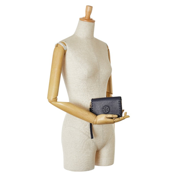 トリーバーチ マリオン 二つ折り財布 コンパクトウォレット ネイビー レザー レディース Tory Burch 【中古】