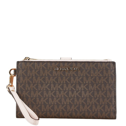 マイケルコース シグネチャー MK柄 二つ折リ財布 長財布 ブラウン ピンク PVC レザー レディース Michael Kors 【中古】
