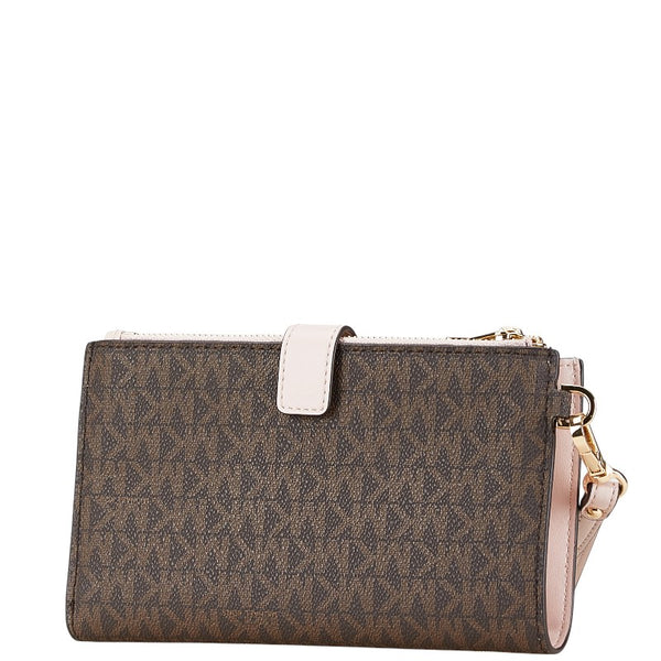 マイケルコース シグネチャー MK柄 二つ折リ財布 長財布 ブラウン ピンク PVC レザー レディース Michael Kors 【中古】
