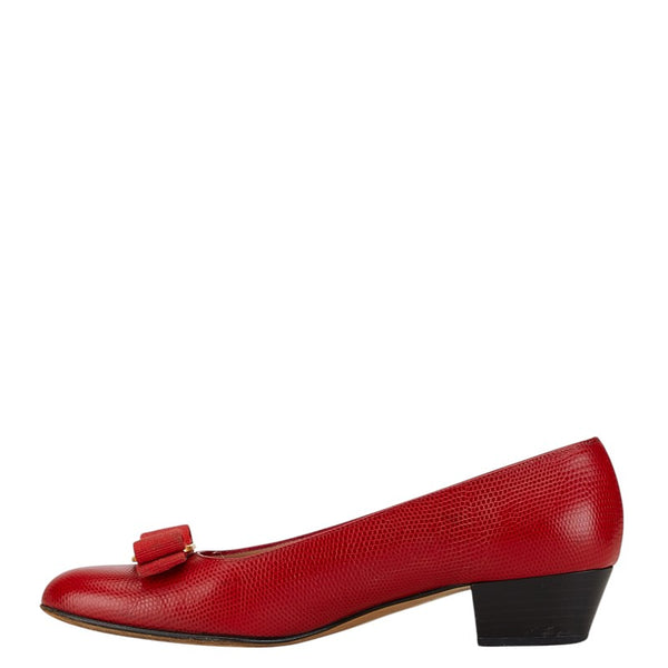 サルヴァトーレフェラガモ ヴァラ リボン リザード 型押し パンプス サイズ：7 1/2C レッド ゴールド レザー レディース Salvatore Ferragamo 【中古】
