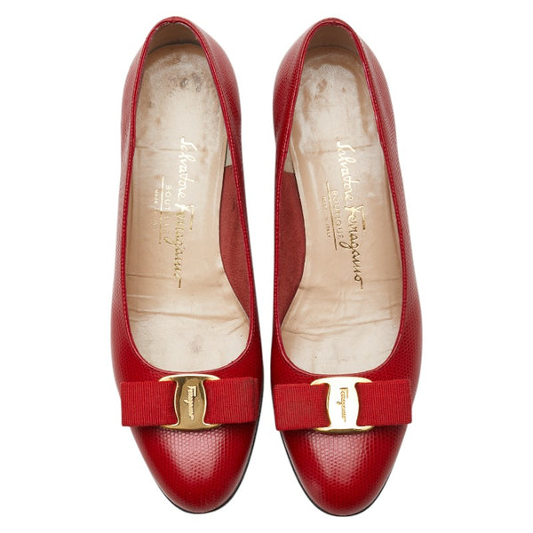 サルヴァトーレフェラガモ ヴァラ リボン リザード 型押し パンプス サイズ：7 1/2C レッド ゴールド レザー レディース Salvatore Ferragamo 【中古】