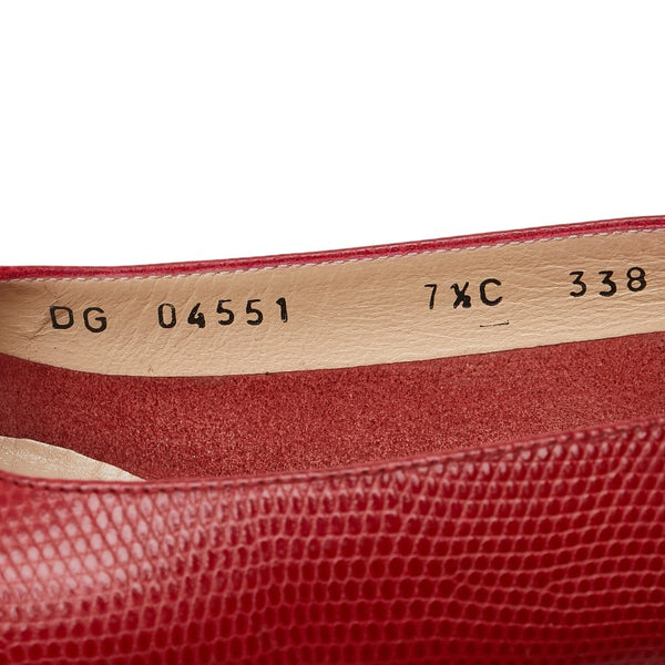 サルヴァトーレフェラガモ ヴァラ リボン リザード 型押し パンプス サイズ：7 1/2C レッド ゴールド レザー レディース Salvatore Ferragamo 【中古】