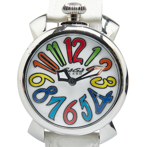 ガガ ミラノ マヌアーレ40 マルチカラー 腕時計 5020 クオーツ ホワイトシェル文字盤 ステンレススチール レザー レディース Gaga Milano 【中古】