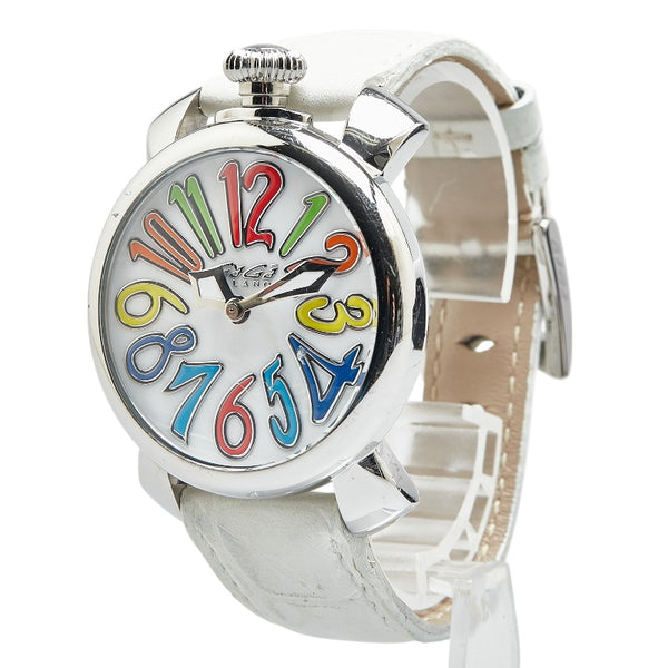 ガガ ミラノ マヌアーレ40 マルチカラー 腕時計 5020 クオーツ ホワイトシェル文字盤 ステンレススチール レザー レディース Gaga Milano 【中古】