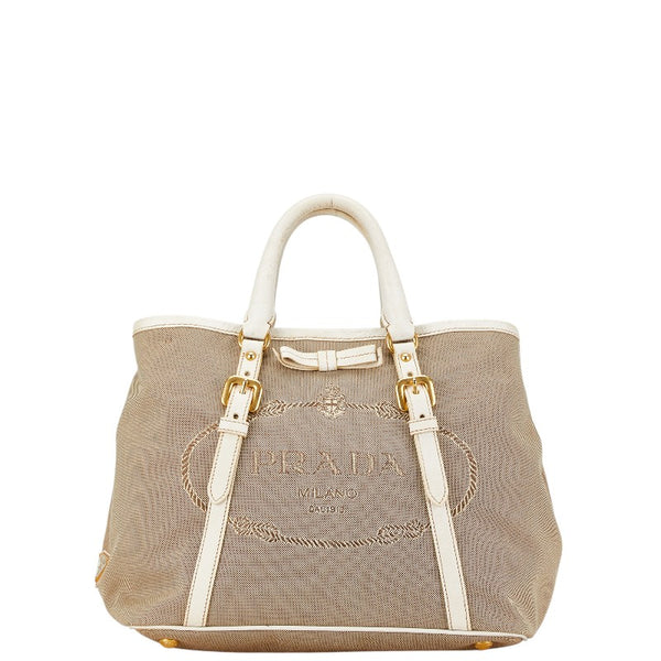 プラダ ロゴジャガード ハンドバッグ ベージュ ホワイト キャンバス レザー レディース PRADA 【中古】