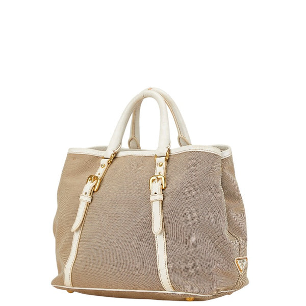 プラダ ロゴジャガード ハンドバッグ ベージュ ホワイト キャンバス レザー レディース PRADA 【中古】