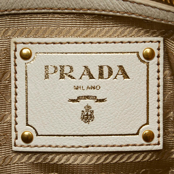 プラダ ロゴジャガード ハンドバッグ ベージュ ホワイト キャンバス レザー レディース PRADA 【中古】