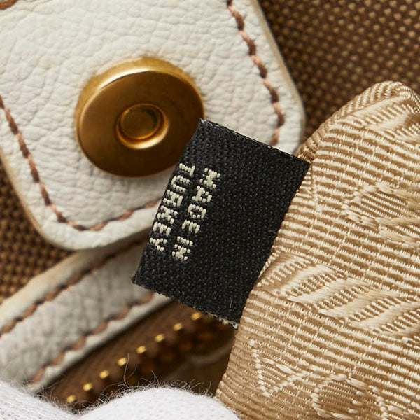プラダ ロゴジャガード ハンドバッグ ベージュ ホワイト キャンバス レザー レディース PRADA 【中古】