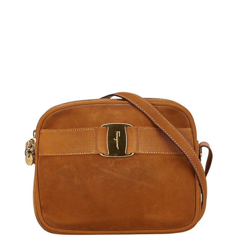 サルヴァトーレフェラガモ ヴァラリボン ショルダーバッグ ブラウン スウェット レザー レディース Salvatore Ferragamo 【中古】