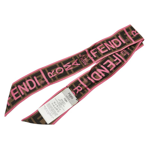 フェンディ ラッピー ズッカ ロゴ スカーフ FXT011 ACVE ブラウン ピンク シルク レディース FENDI 【中古】