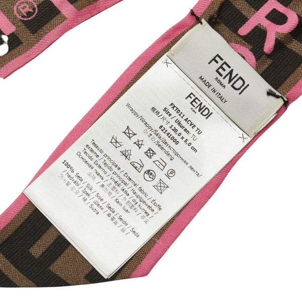 フェンディ ラッピー ズッカ ロゴ スカーフ FXT011 ACVE ブラウン ピンク シルク レディース FENDI 【中古】