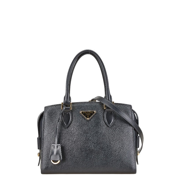 プラダ 三角ロゴプレート サフィアーノ ハンドバッグ ショルダーバッグ 2WAY ブラック レザー レディース PRADA 【中古】