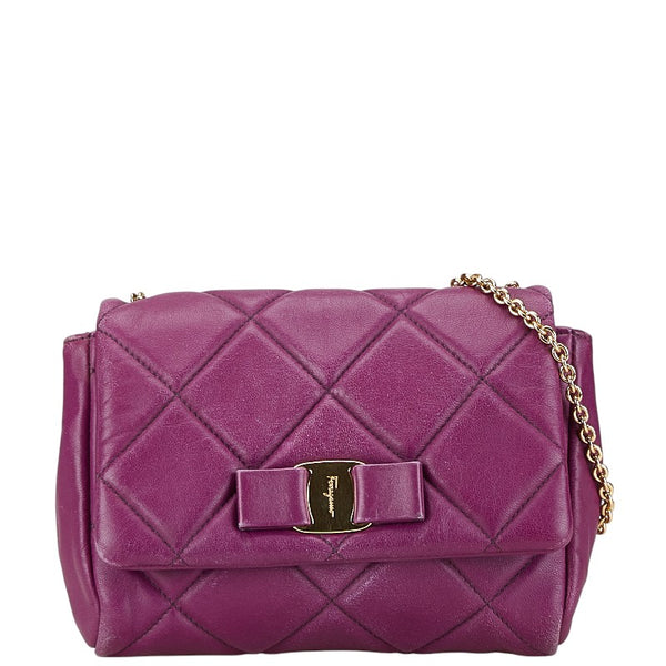 サルヴァトーレフェラガモ ヴァラリボン キルティング 斜め掛け チェーン ショルダーバッグ AU-22 C150 パープル レザー レディース Salvatore Ferragamo 【中古】