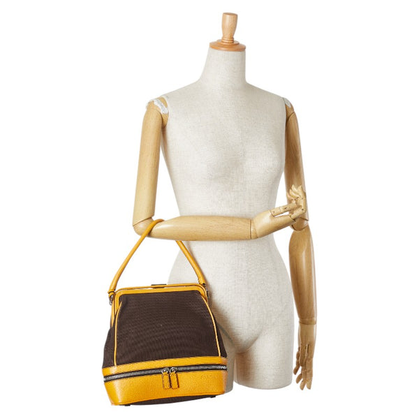 プラダ ロゴ型押し ハンドバッグ ワンショルダーバッグ ブラウン オレンジ キャンバス レザー レディース PRADA 【中古】