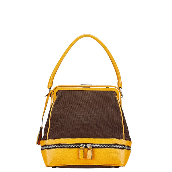 プラダ ロゴ型押し ハンドバッグ ワンショルダーバッグ ブラウン オレンジ キャンバス レザー レディース PRADA 【中古】