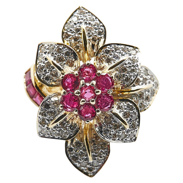 K18YG イエローゴールド ルビー1.35ct ダイヤ0.80ct 花 フラワー モチーフ リング 指輪 レディース 12.5号 【中古】