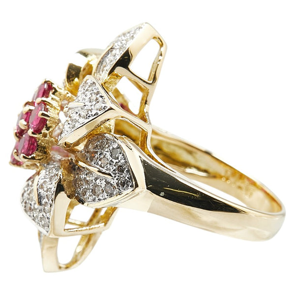 K18YG イエローゴールド ルビー1.35ct ダイヤ0.80ct 花 フラワー モチーフ リング 指輪 レディース 12.5号 【中古】