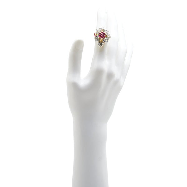 K18YG イエローゴールド ルビー1.35ct ダイヤ0.80ct 花 フラワー モチーフ リング 指輪 レディース 12.5号 【中古】