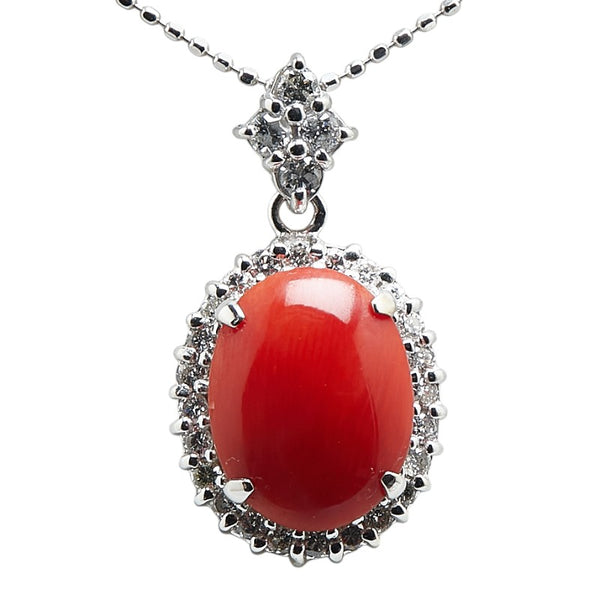 K18WG ホワイトゴールド サンゴ2.29ct ダイヤ0.40ct ペンダント ネックレス レディース 【中古】