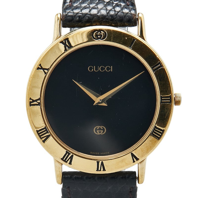 グッチ インターロッキングG 腕時計 3000M クオーツ ブラック文字盤 メッキ レザー レディース GUCCI 【中古】