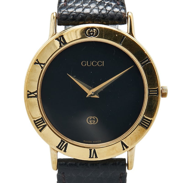 グッチ インターロッキングG 腕時計 3000M クオーツ ブラック文字盤 メッキ レザー レディース GUCCI 【中古】