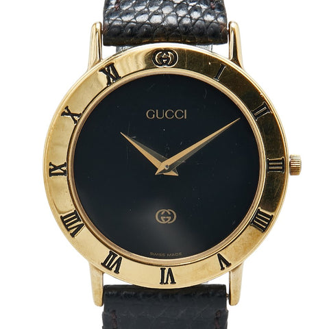 グッチ インターロッキングG 腕時計 3000M クオーツ ブラック文字盤 メッキ レザー レディース GUCCI 【中古】