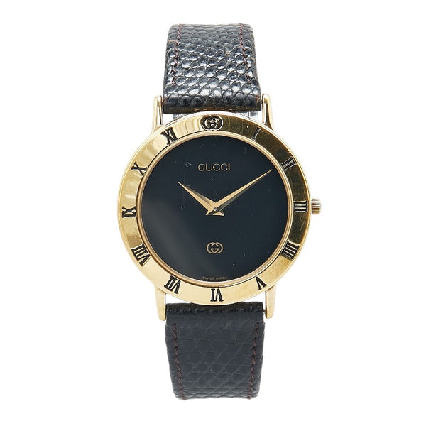 グッチ インターロッキングG 腕時計 3000M クオーツ ブラック文字盤 メッキ レザー レディース GUCCI 【中古】