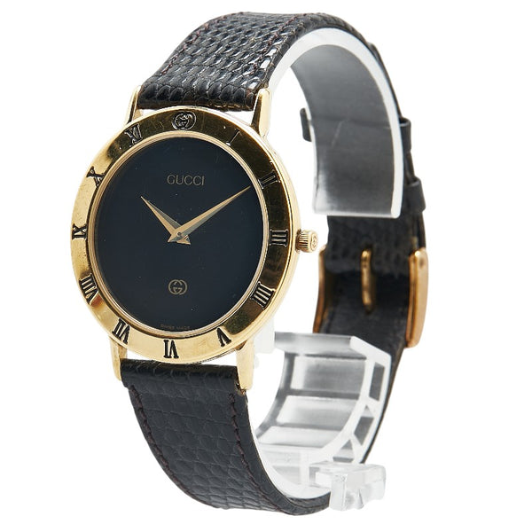 グッチ インターロッキングG 腕時計 3000M クオーツ ブラック文字盤 メッキ レザー レディース GUCCI 【中古】
