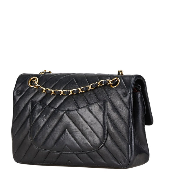 シャネル Vステッチ ダブルフラップ ココマーク チェーン ショルダーバッグ ブラック ラムスキン レディース CHANEL 【中古】