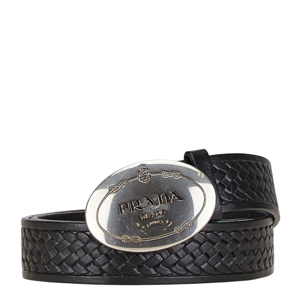 プラダ ジャガードロゴバックル ベルト 85/34 ブラック レザー メンズ PRADA 【中古】