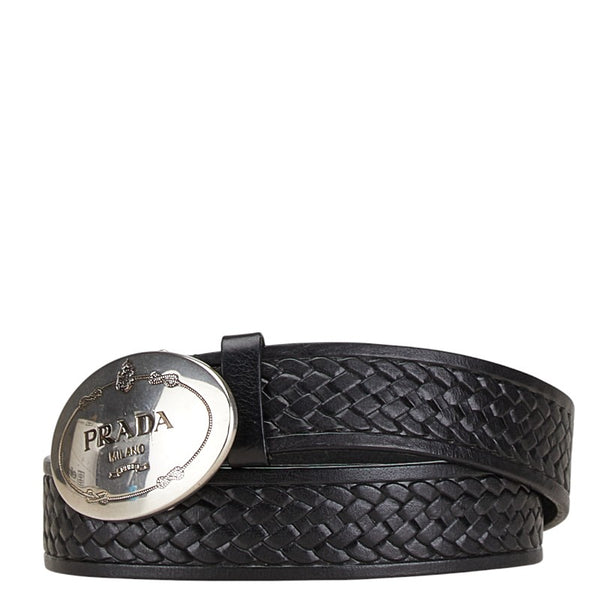 プラダ ジャガードロゴバックル ベルト 85/34 ブラック レザー メンズ PRADA 【中古】
