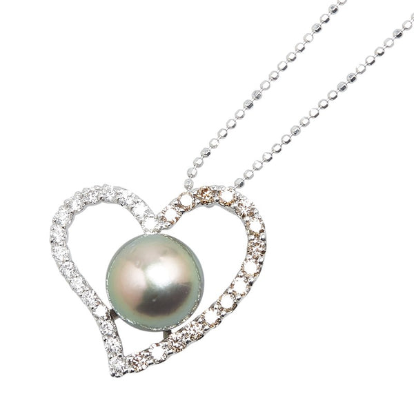 K18WG ホワイトゴールド 黒蝶真珠11mm ダイヤ1.06ct ハート モチーフ ネックレス レディース 【中古】