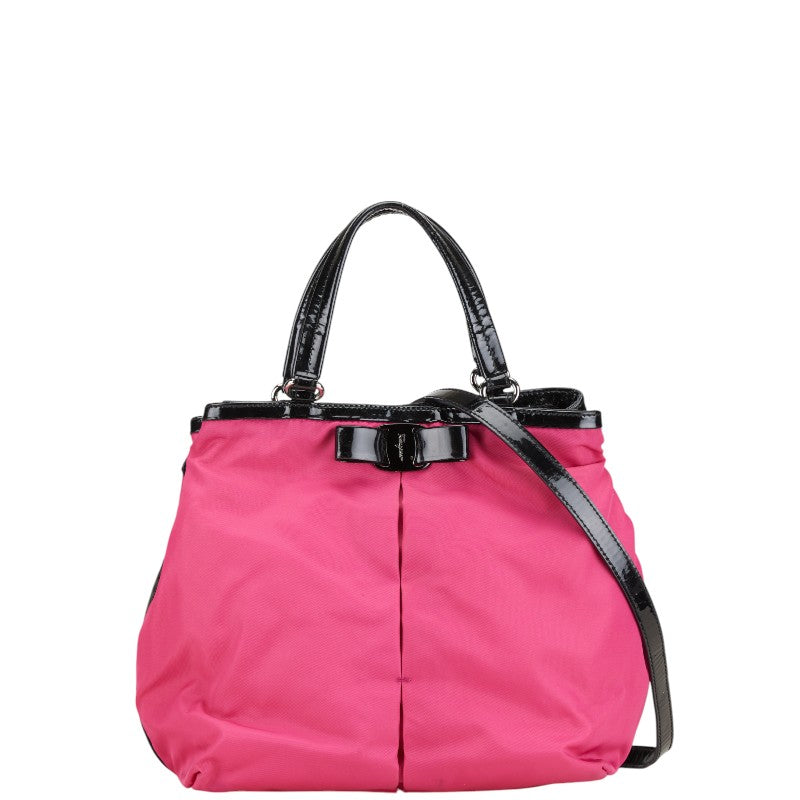 サルヴァトーレフェラガモ ヴァラ リボン ハンドバッグ ショルダーバッグ 2WAY ピンク ブラック ナイロン レザー レディース Salvatore Ferragamo 【中古】