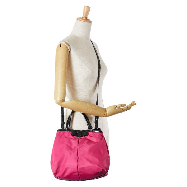 サルヴァトーレフェラガモ ヴァラ リボン ハンドバッグ ショルダーバッグ 2WAY ピンク ブラック ナイロン レザー レディース Salvatore Ferragamo 【中古】