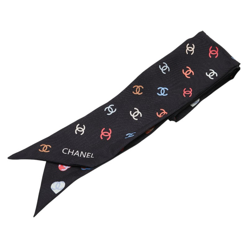 シャネル ツイリー ココマーク ハート モチーフ スカーフ ブラック マルチカラー シルク レディース CHANEL 【中古】