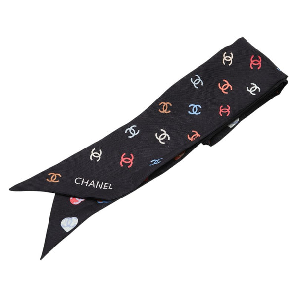 シャネル ツイリー ココマーク ハート モチーフ スカーフ ブラック マルチカラー シルク レディース CHANEL 【中古】