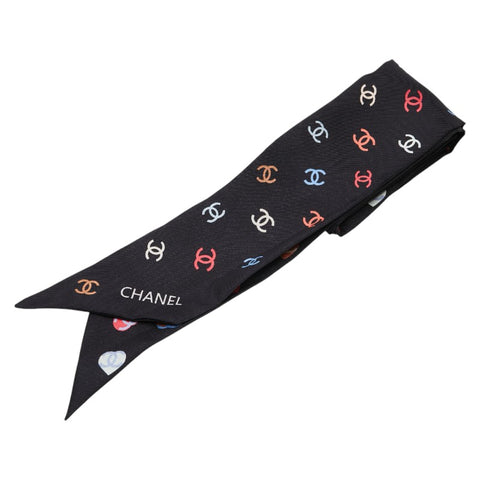 シャネル ツイリー ココマーク ハート モチーフ スカーフ ブラック マルチカラー シルク レディース CHANEL 【中古】