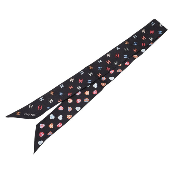 シャネル ツイリー ココマーク ハート モチーフ スカーフ ブラック マルチカラー シルク レディース CHANEL 【中古】