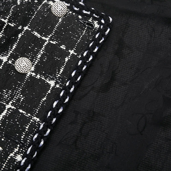 シャネル ツイード ノーカラージャケット ココマークボタン ジャケット スカート セットアップ サイズ：40 ブラック ホワイト ナイロン シルク ポリウレタン レディース CHANEL 【中古】