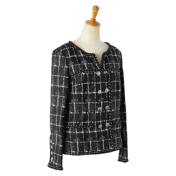 シャネル ツイード ノーカラージャケット ココマークボタン ジャケット スカート セットアップ サイズ：40 ブラック ホワイト ナイロン シルク ポリウレタン レディース CHANEL 【中古】