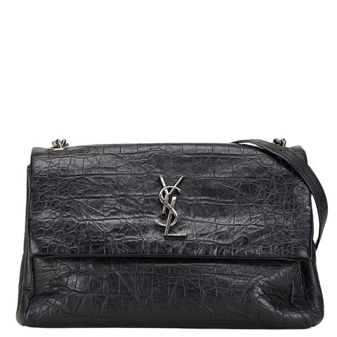 サンローラン クロコ型押し ウェストハリウッド YSLロゴ 斜め掛け チェーン ショルダーバッグ 574106 ブラック レザー レディース SAINT LAURENT 【中古】