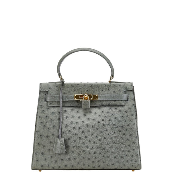 オーストリッチ ハンドバッグ カーキ ゴールド レザー レディース ostrich 【中古】