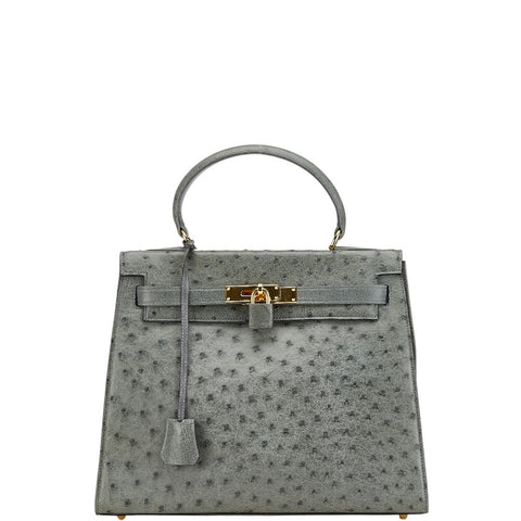 オーストリッチ ハンドバッグ カーキ ゴールド レザー レディース ostrich 【中古】