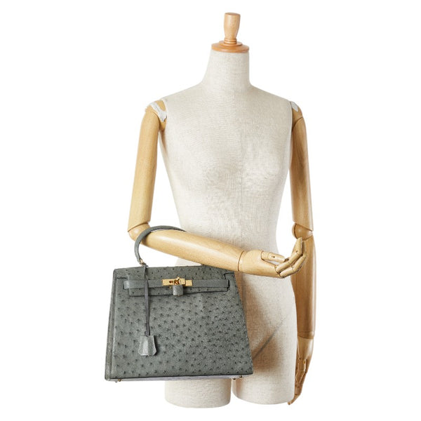 オーストリッチ ハンドバッグ カーキ ゴールド レザー レディース ostrich 【中古】