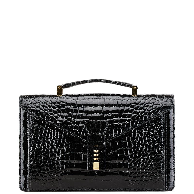 クロコ型押し ダイヤルロック ハンドバッグ ブラック エナメル レザー レディース 【中古】