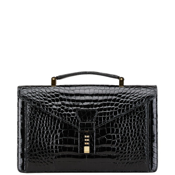 クロコ型押し ダイヤルロック ハンドバッグ ブラック エナメル レザー レディース 【中古】