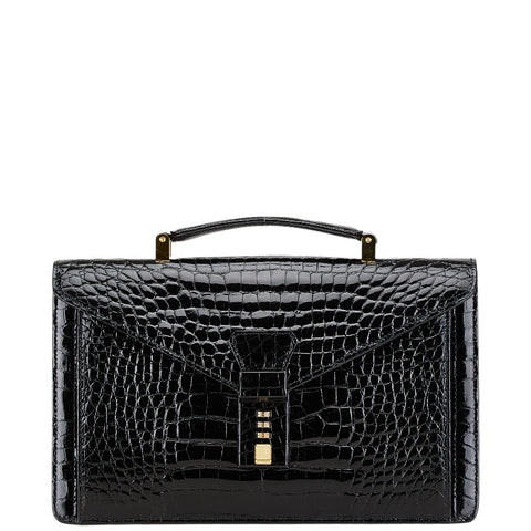 クロコ型押し ダイヤルロック ハンドバッグ ブラック エナメル レザー レディース 【中古】