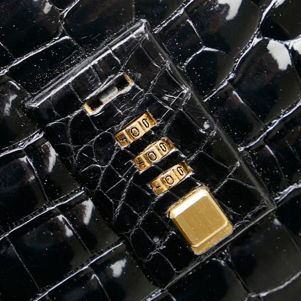 クロコ型押し ダイヤルロック ハンドバッグ ブラック エナメル レザー レディース 【中古】