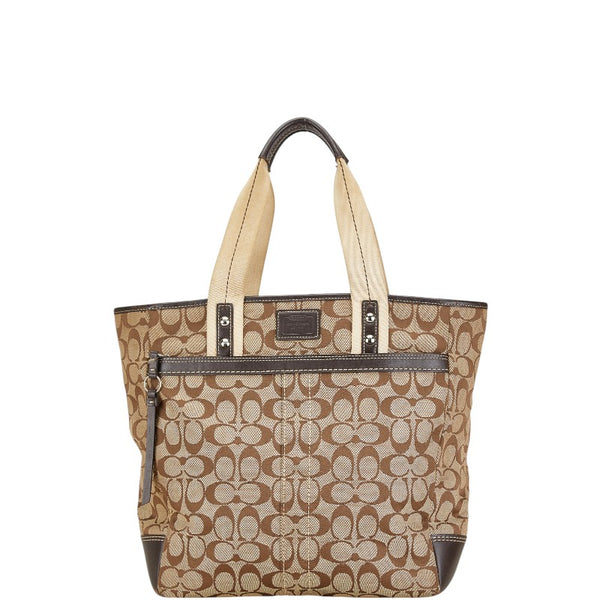 コーチ シグネチャー ハンドバッグ トートバッグ ベージュ ブラウン キャンバス レザー レディース COACH 【中古】
